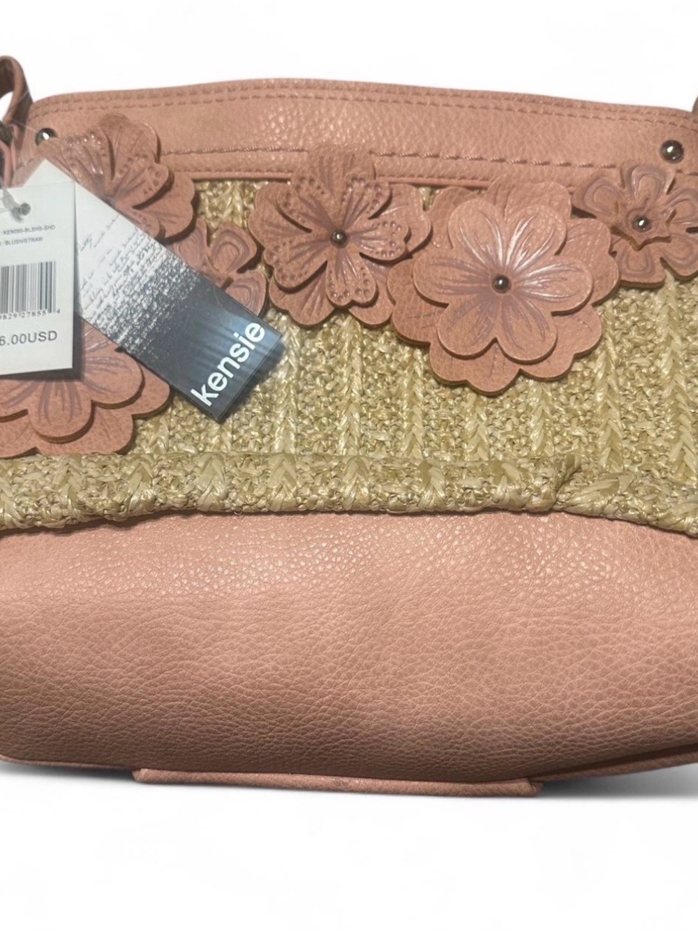 Kensie Blush Pink Floral Straw-Trim Shoulder Bag
